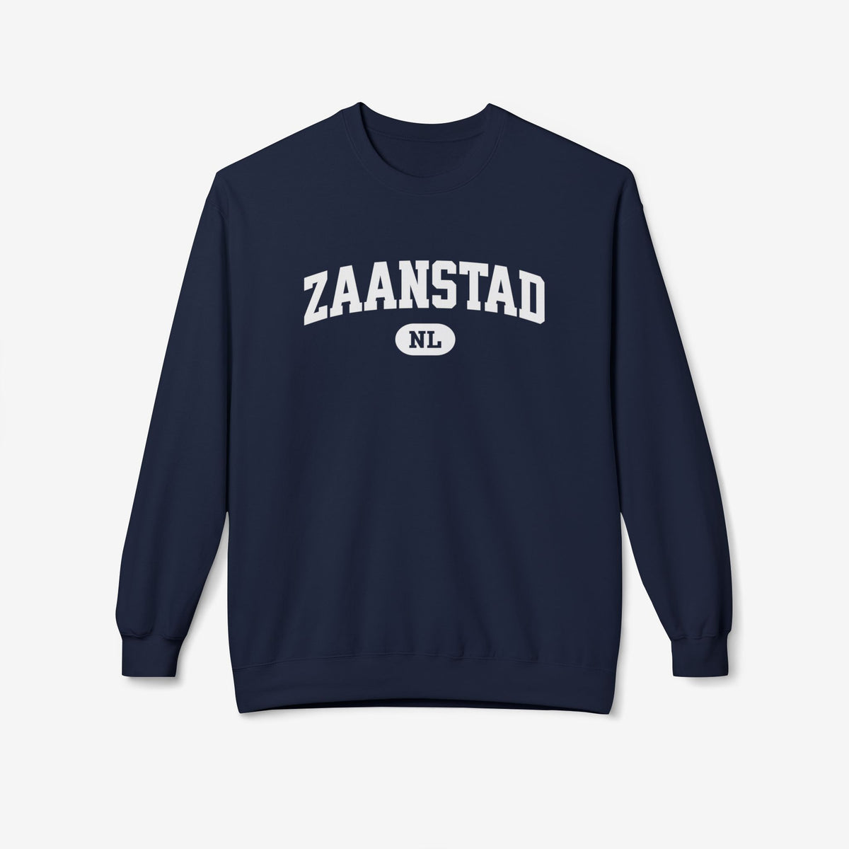 Varsity-sweater met ronde hals, donkerblauw, borstprint 'ZAANSTAD NL'.