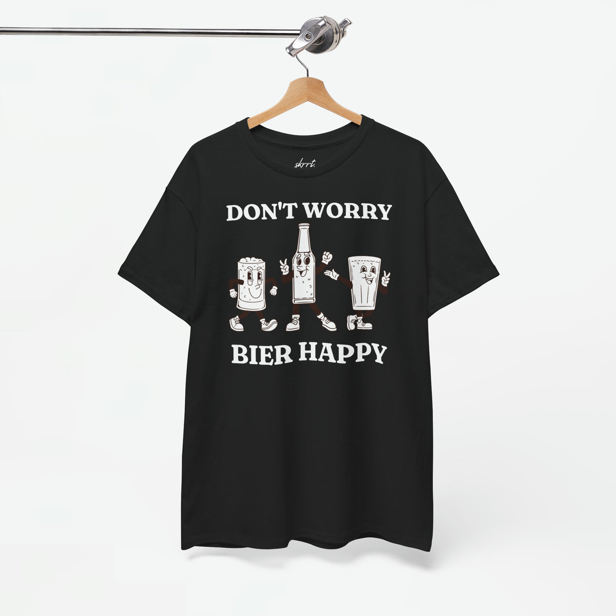 Zwarte oversize T-shirt met witte 'Don't worry Bier happy' print en bierfiguren voorop