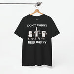Zwarte oversize T-shirt met witte 'Don't worry Bier happy' print en bierfiguren voorop