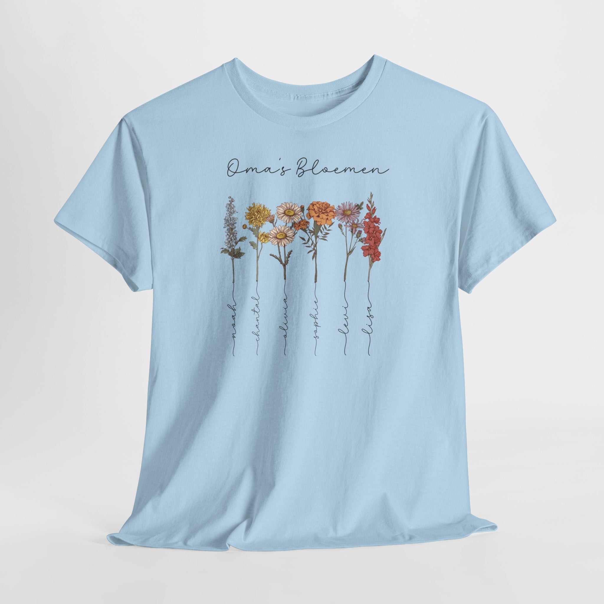 Gepersonaliseerde Moederdag Mama Cadeau - T-shirt - Oma's Bloemen met namen en geboortemaand bloemen (zwarte tekst)