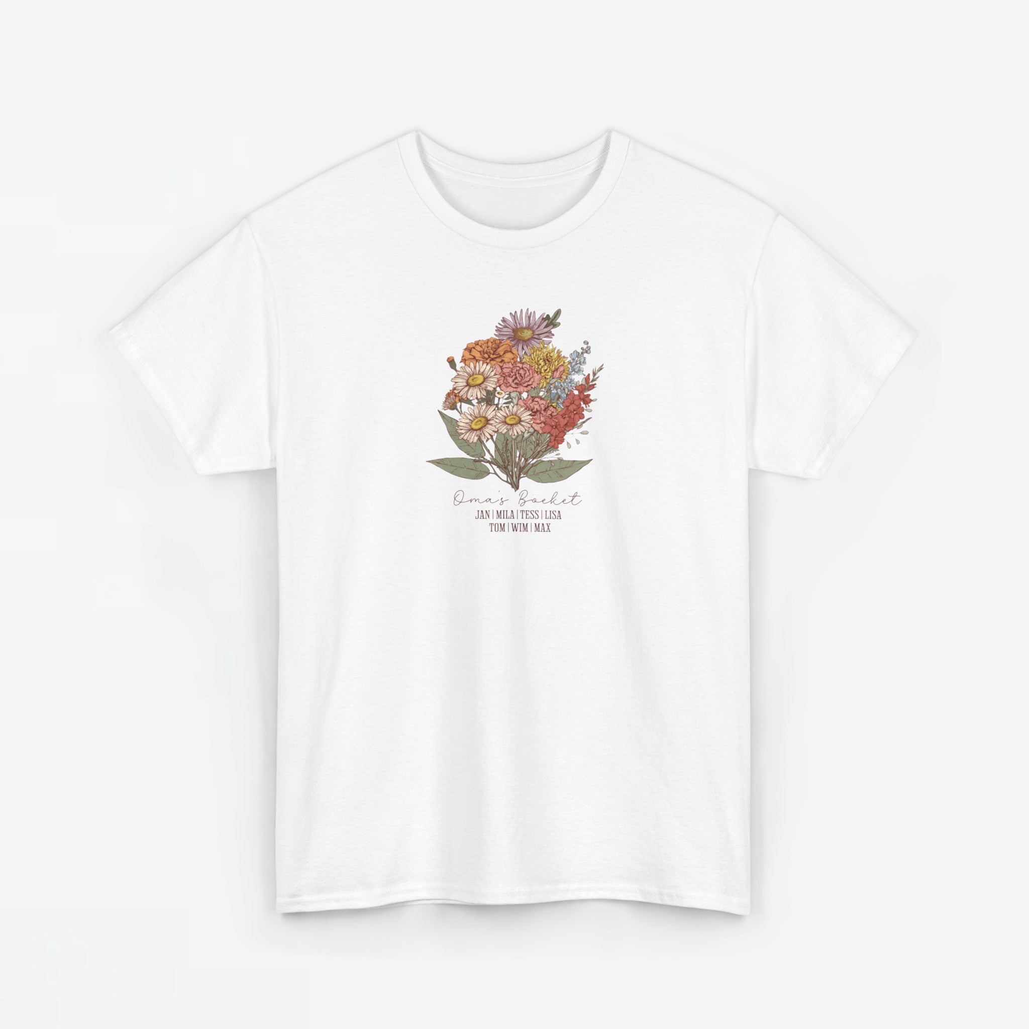 Gepersonaliseerde Moederdag Mama Cadeau - T-shirt - Oma's boeket met namen en geboortemaand bloemen