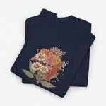 Donkerblauwe T-shirt met kleurrijke bloemenboeketprint op de borst
