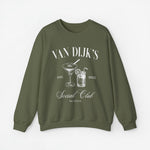 Olijfgroene sweatshirt met opdruk “Van Dijk's”, cocktailglas en martini, jaartal 2023