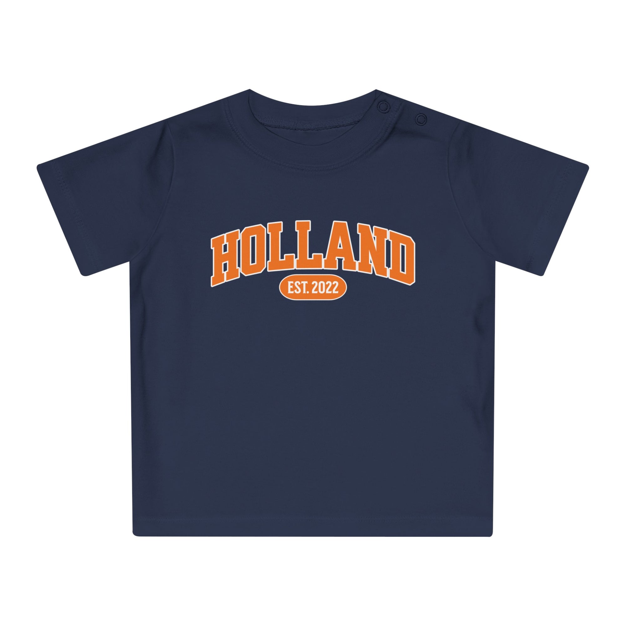 Baby T-shirt voor EK, WK en Koningsdag - Personaliseer met EST Jaar  - HOLLAND (Voorkant)