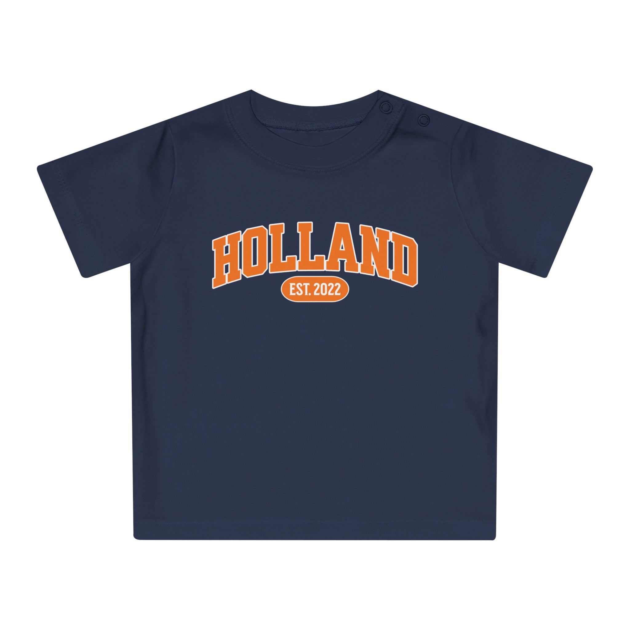 Baby T-shirt voor EK, WK en Koningsdag - Personaliseer met EST Jaar  - HOLLAND (Voorkant)