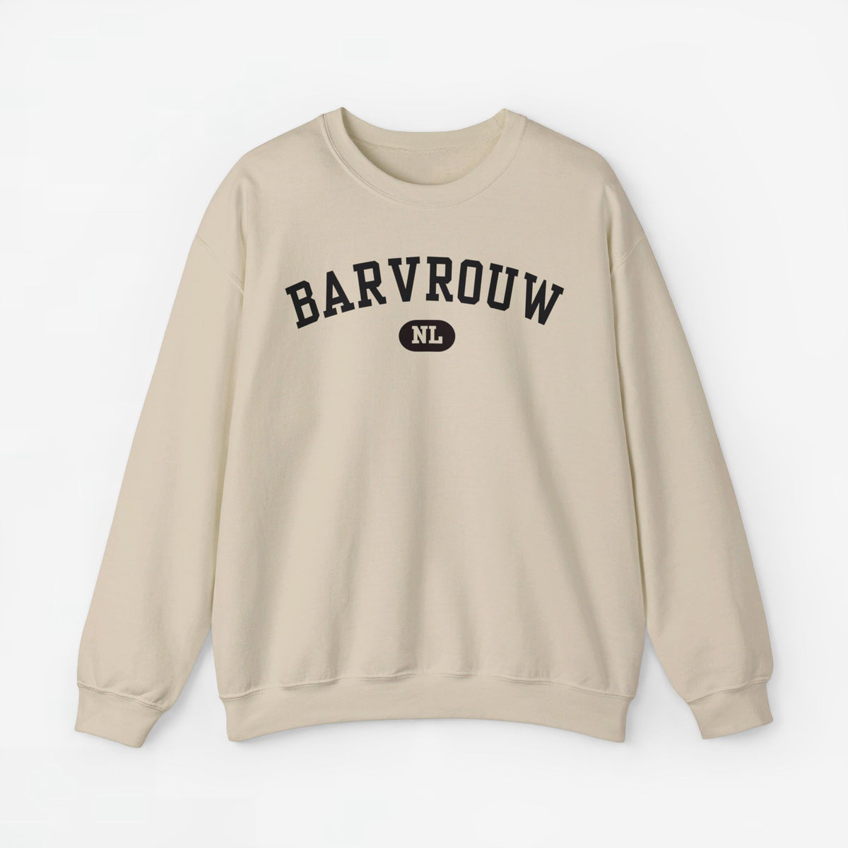 Beige trui met ronde hals en zwarte 'BARVROUW' print met 'NL'