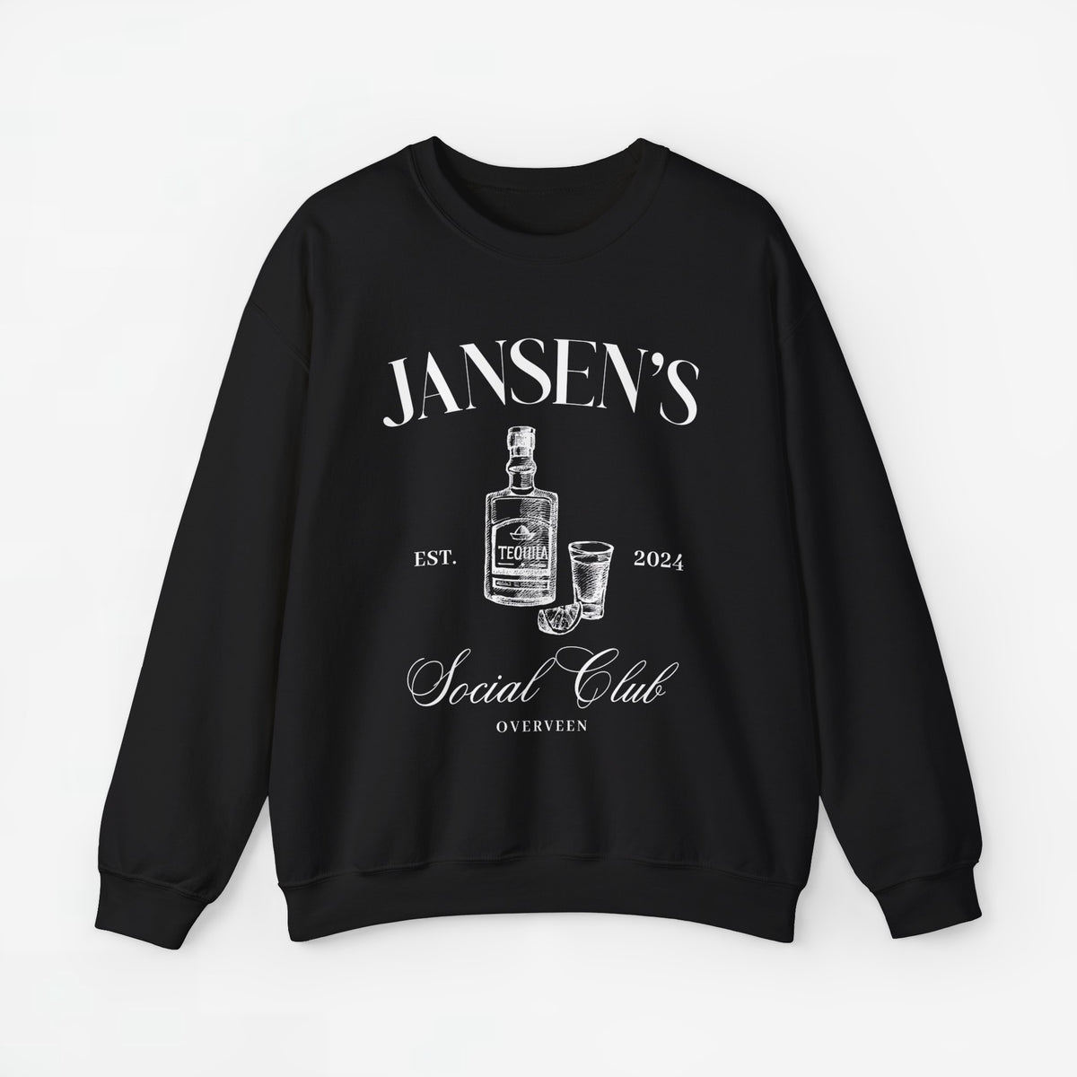 Zwarte sweater met ronde hals en lange mouwen, borstprint met tekst JANSEN’S en Social Club