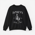 Zwarte sweater met ronde hals en lange mouwen, borstprint met tekst JANSEN’S en Social Club