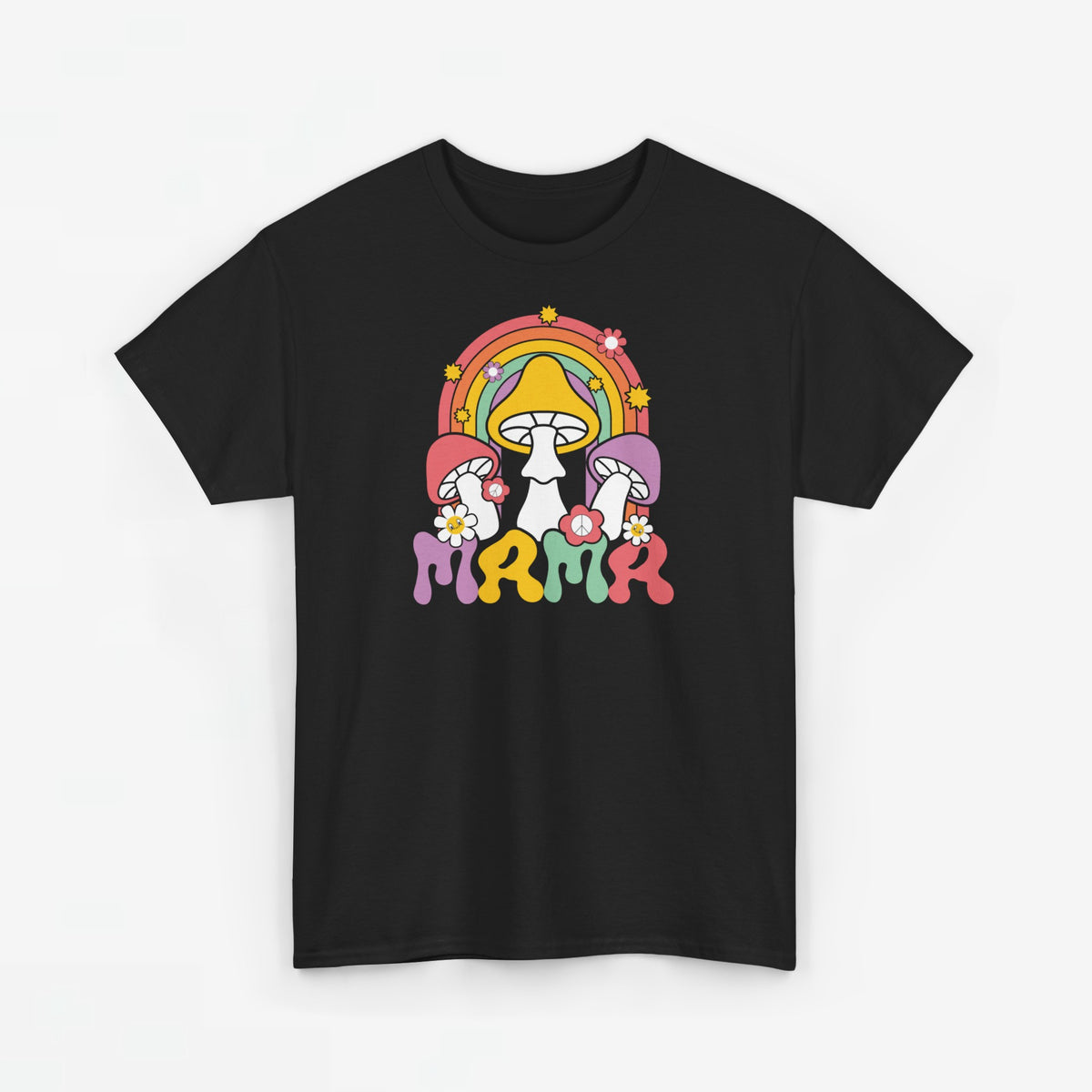 Zwart T-shirt met regenboogpaddenstoelprint en roze 'mama' letters