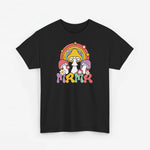 Zwart T-shirt met regenboogpaddenstoelprint en roze 'mama' letters