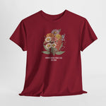 Rood T-shirt met bloemenboeketprint en witte tekst