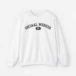 Witte trui met ronde hals en borstprint 'SOCIAAL WERKER'.