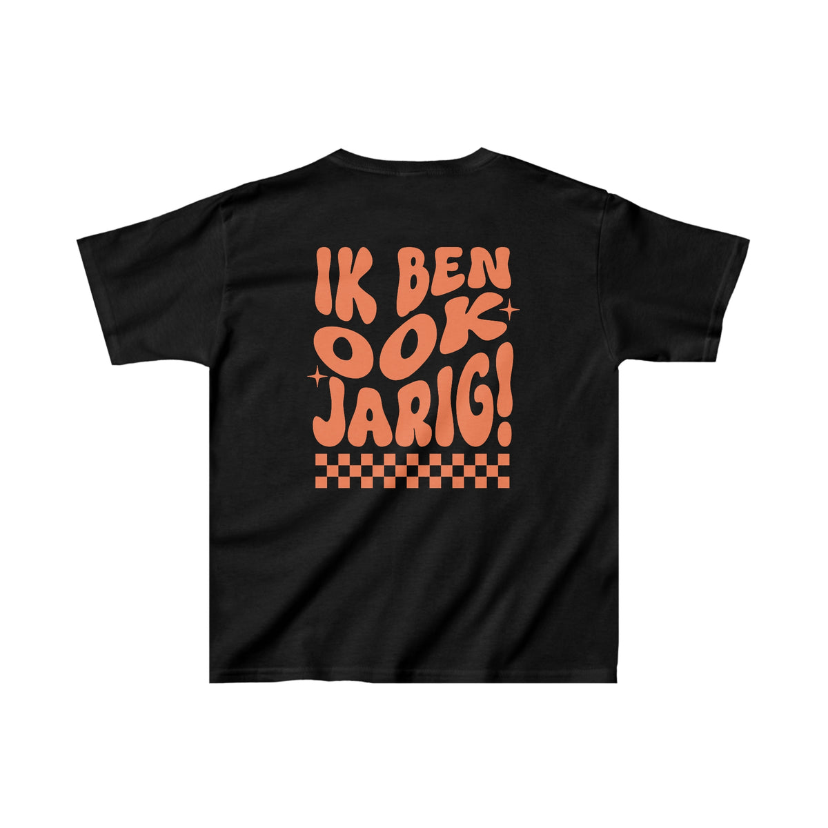 Zwart kinder T-shirt met oranje tekstprint op de achterkant