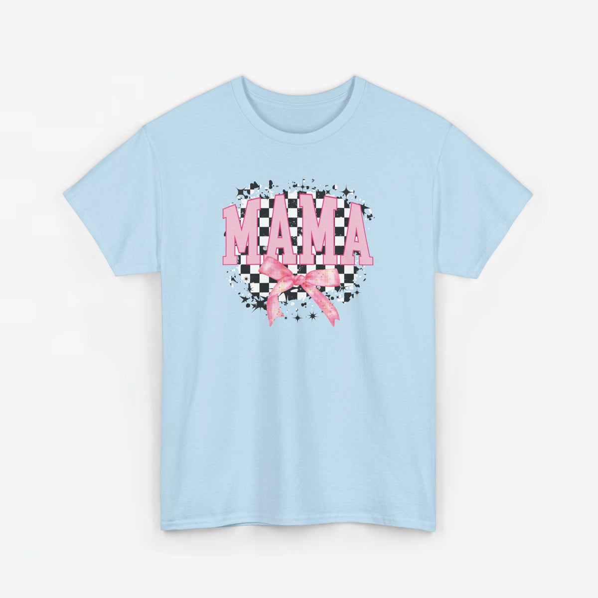 Lichtblauw T-shirt met 'MAMA' borstprint en roze strikboog