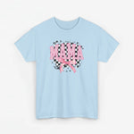Lichtblauw T-shirt met 'MAMA' borstprint en roze strikboog