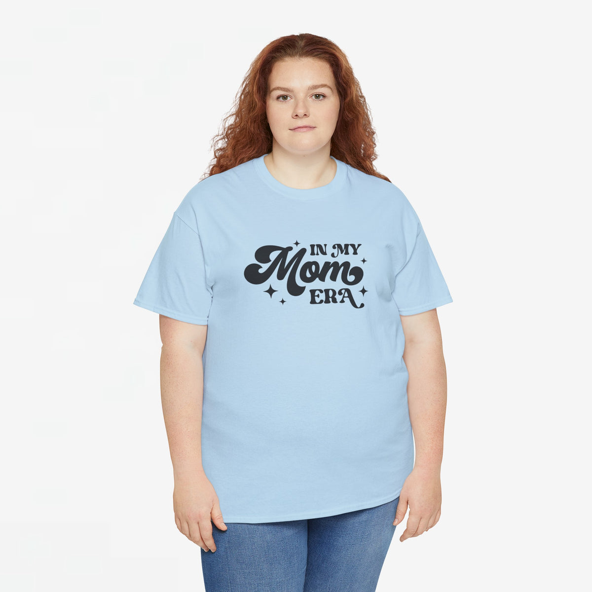 Lichtblauw oversized T-shirt met borstprint “In my Mom Era”.