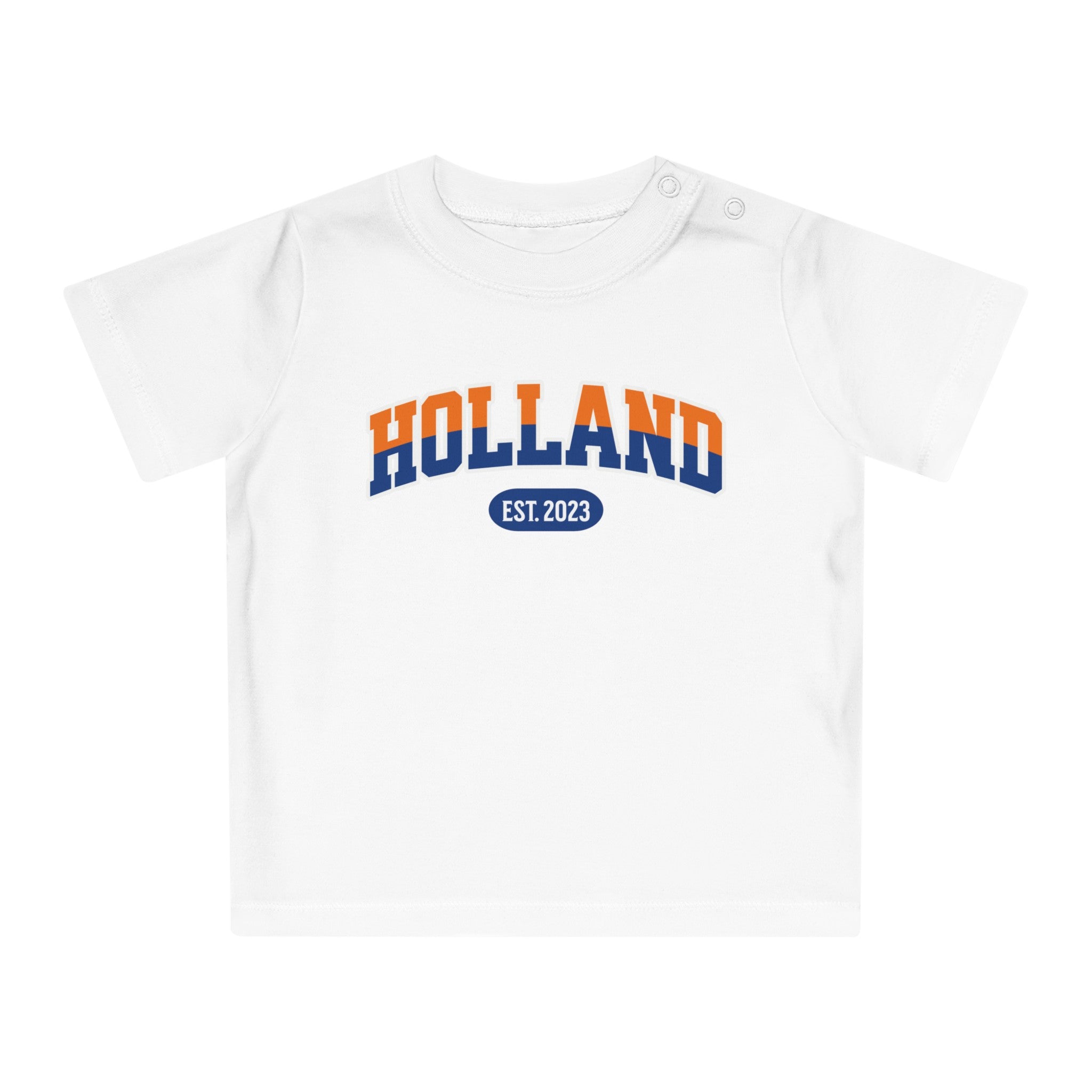 Baby T-shirt voor EK, WK en Koningsdag - Personaliseer met Naam, Jaar & Rugnummer - HOLLAND (oranje en blauwe tekst)