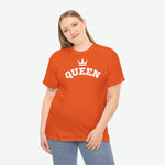 Oranje T-shirt met QUEEN-print en kroon op de borst, oversized voor dames