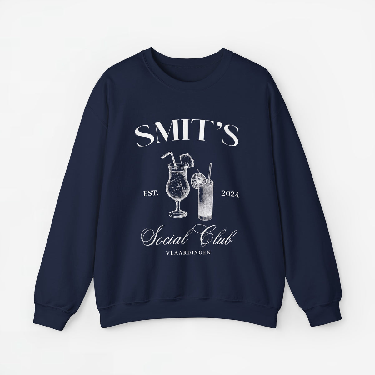 Marineblauwe sweatshirt met borstopdruk 'SMIT'S Social Club' en glazen