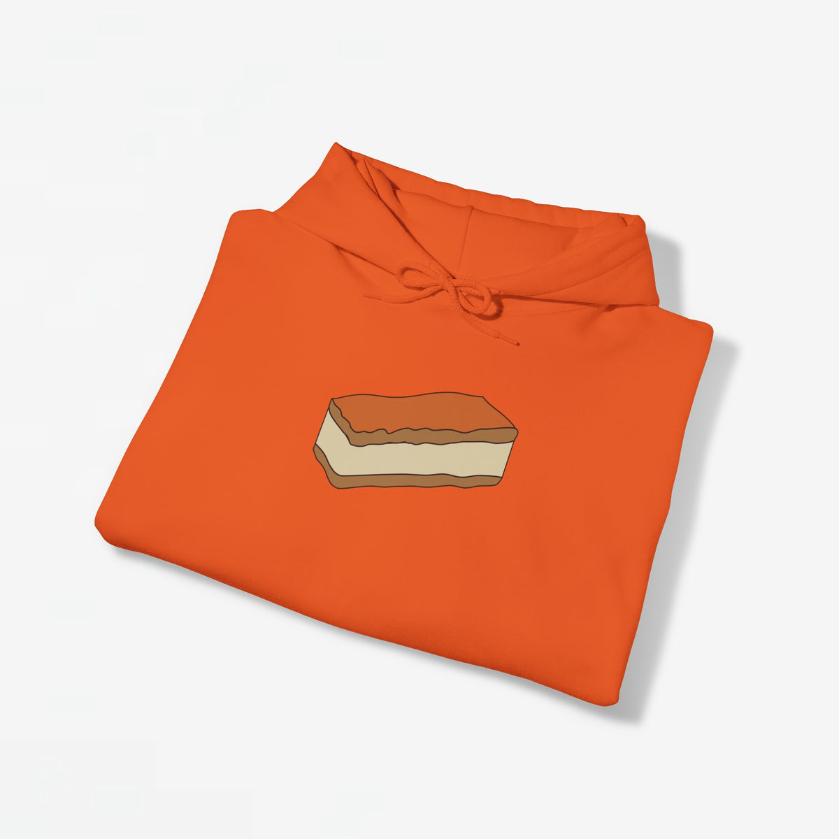 Oranje hoodie platgelegd met capuchon en voorprint van tompouce-schuimlaagje