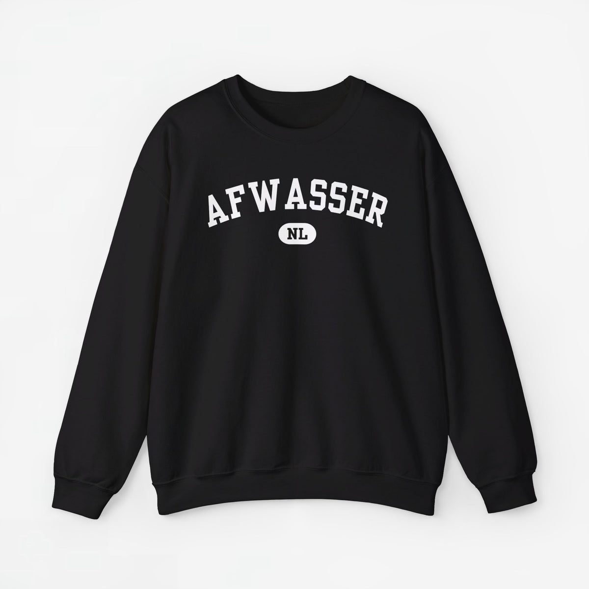 Zwarte trui met ronde hals en AFWASSER NL-print op de borst