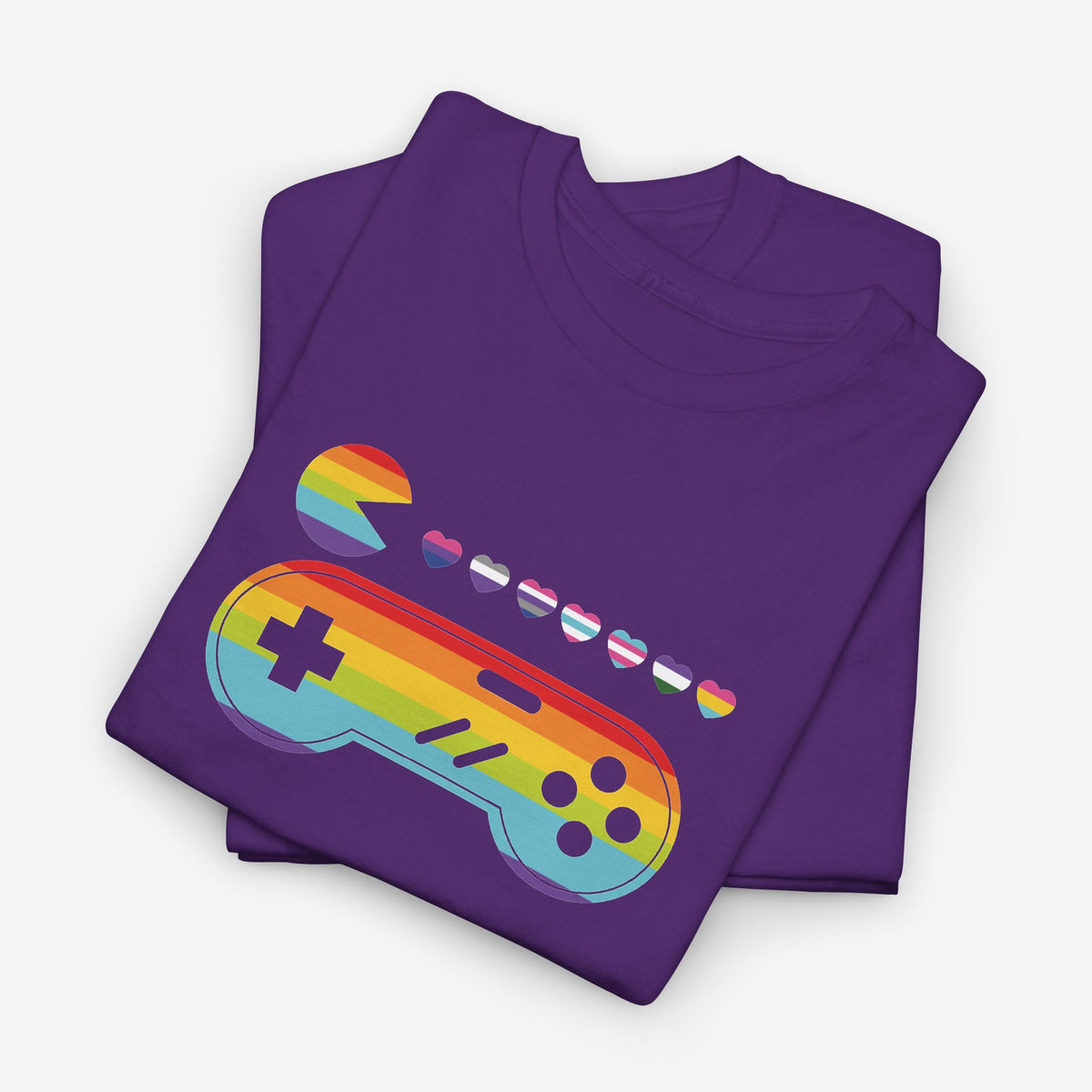 Paarse t-shirt met regenboog gamecontroller en boog-icoon opdruk