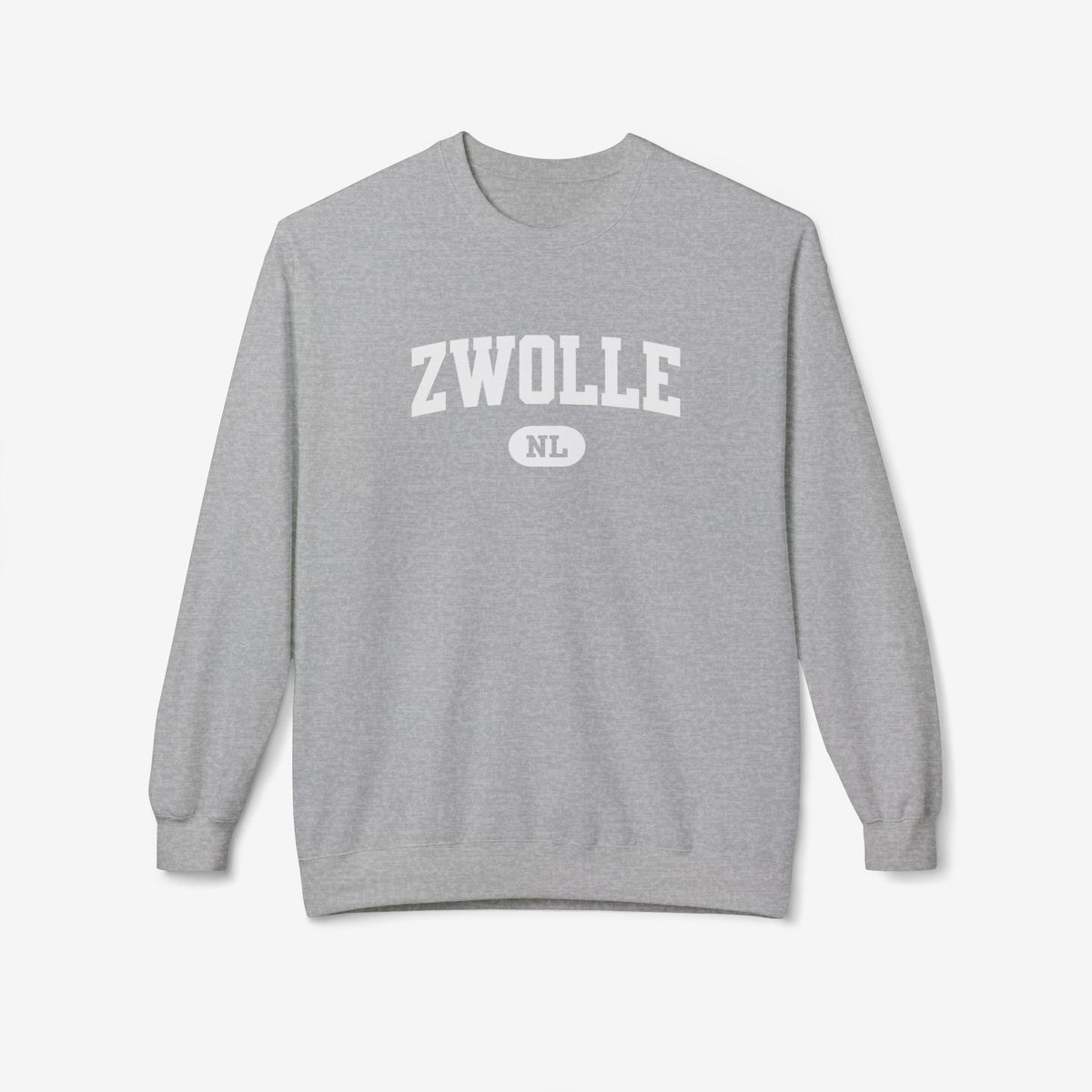 Sport grey varsity sweater met ronde hals en lange mouwen, opdruk “ZWOLLE NL”.
