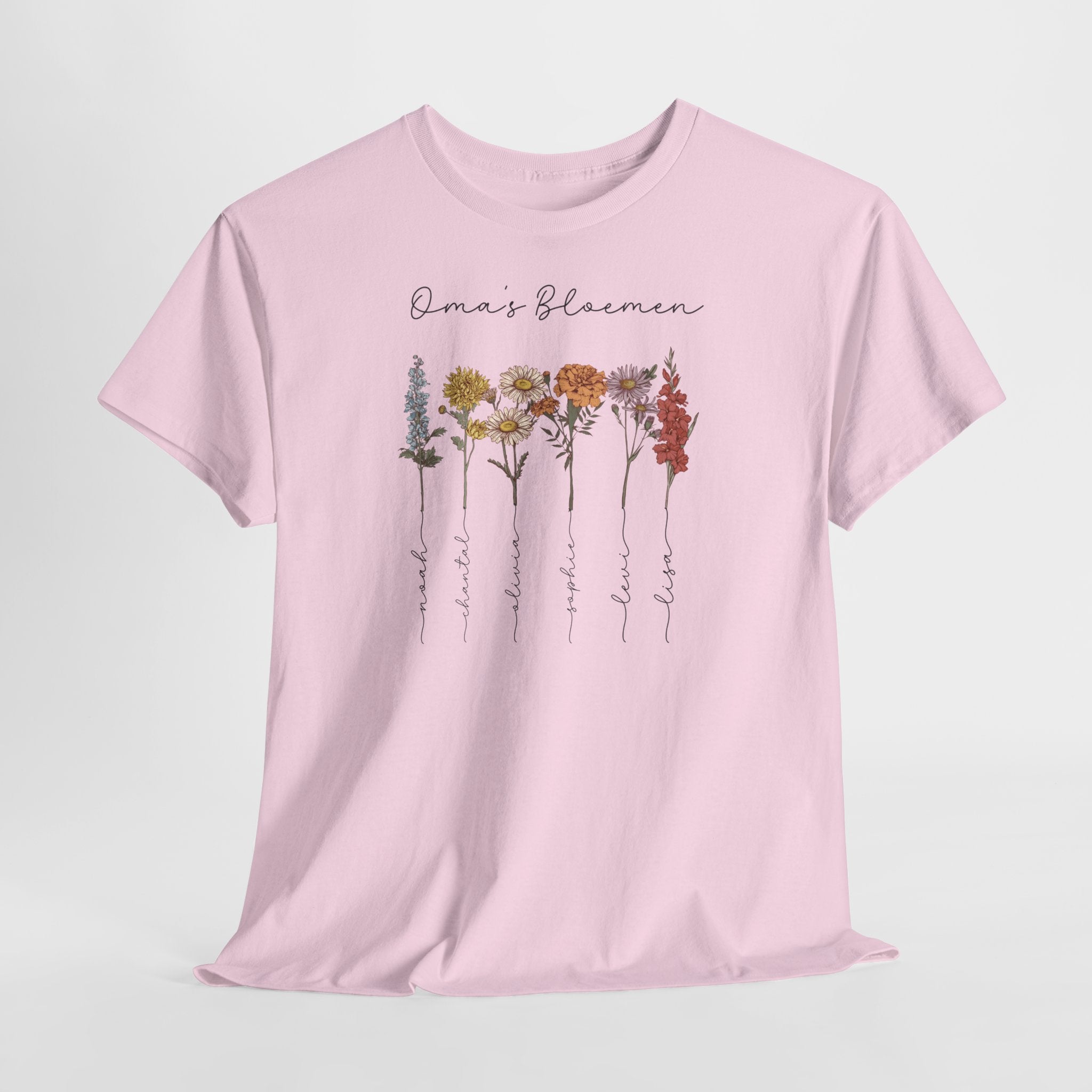 Gepersonaliseerde Moederdag Mama Cadeau - T-shirt - Oma's Bloemen met namen en geboortemaand bloemen (zwarte tekst)