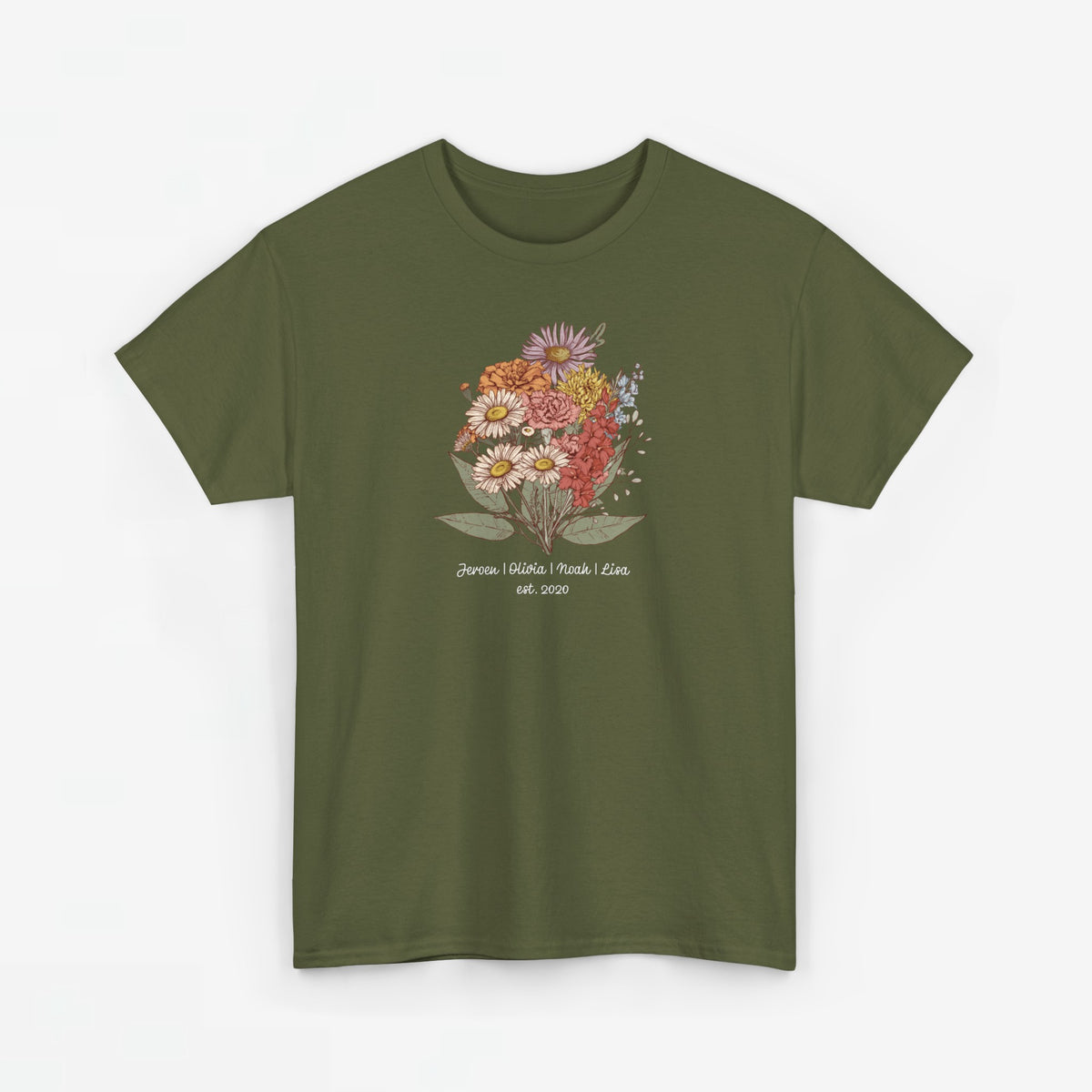 Olijfgroene T-shirt met bloemenboeketprint en kleine tekst onder