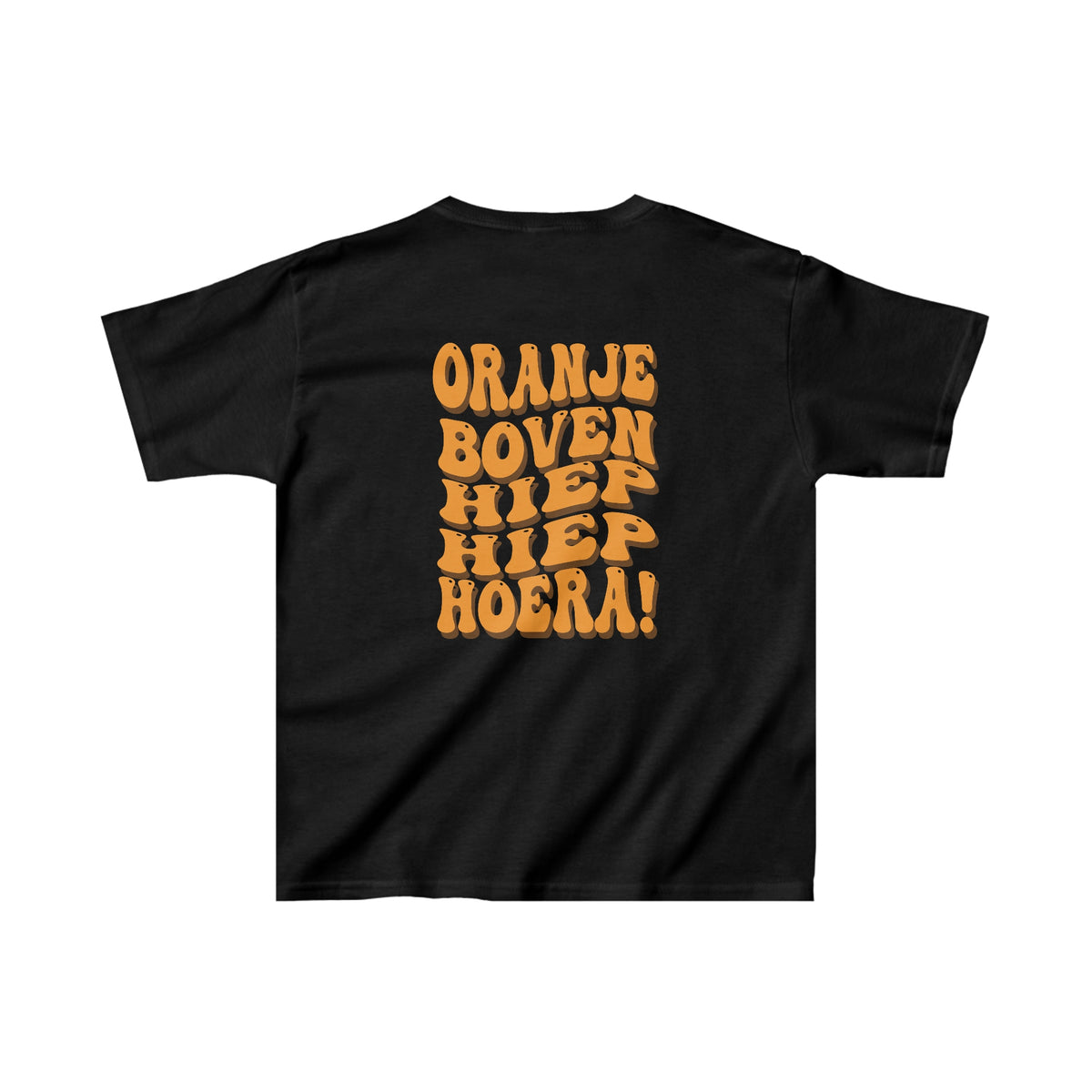 Kinder-T-shirt zwart met oranje rugprint “ORANJE BOVEN HEEP HOERA!”