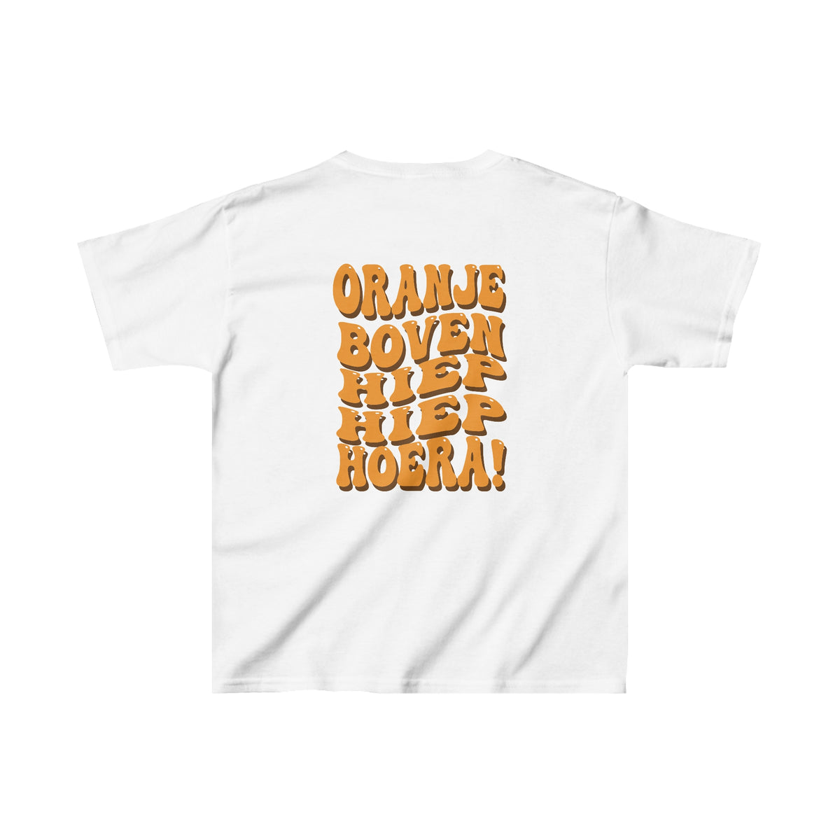 Kinder-T-shirt wit met oranje rugprint “ORANJE BOVEN HEEP HOERA!”