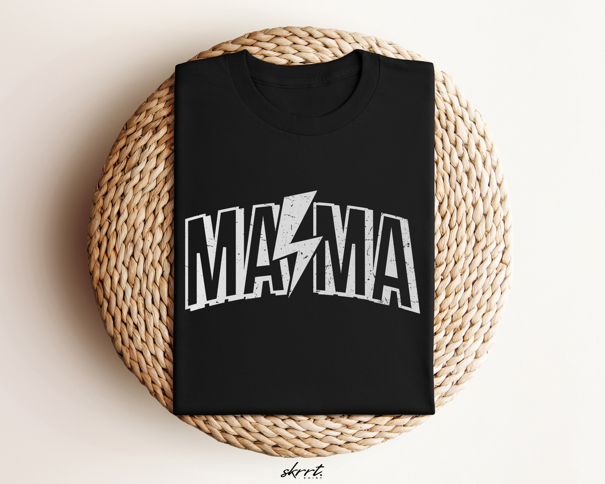 Zwarte oversized T-shirt met ronde hals en grote 'MAMA' rockprint met bliksemschicht