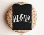 Zwarte oversized T-shirt met ronde hals en grote 'MAMA' rockprint met bliksemschicht