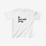 Wit kinder T-shirt met borstprint “ik ben ook jarig.”