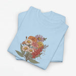 Lichtblauw T-shirt met grote bloemenboeket-print op de voorkant