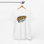 Witte T-shirt met ronde hals en “Super Mama” print in geel en zwart