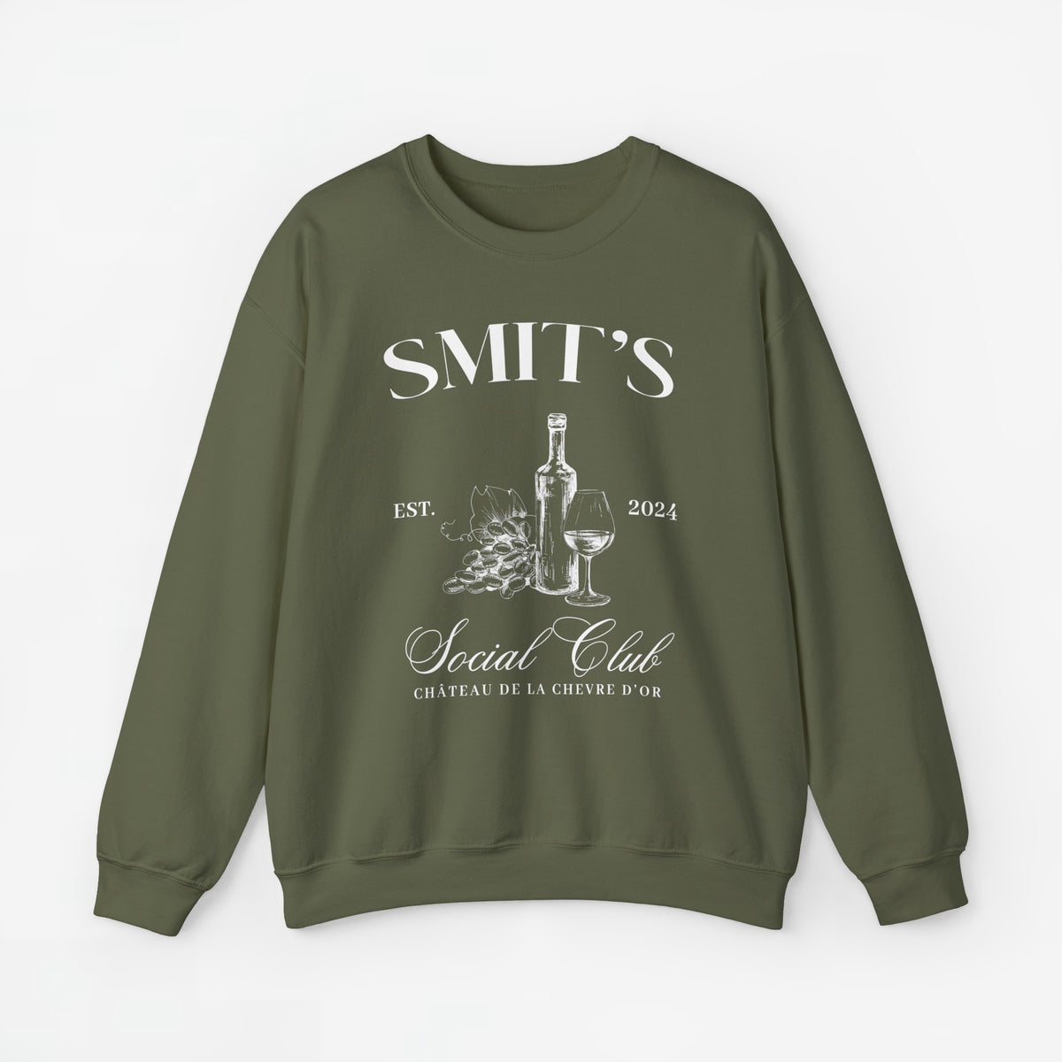 Olijfgroene sweatshirt met print “SMIT’S Social Club” en fles/glas