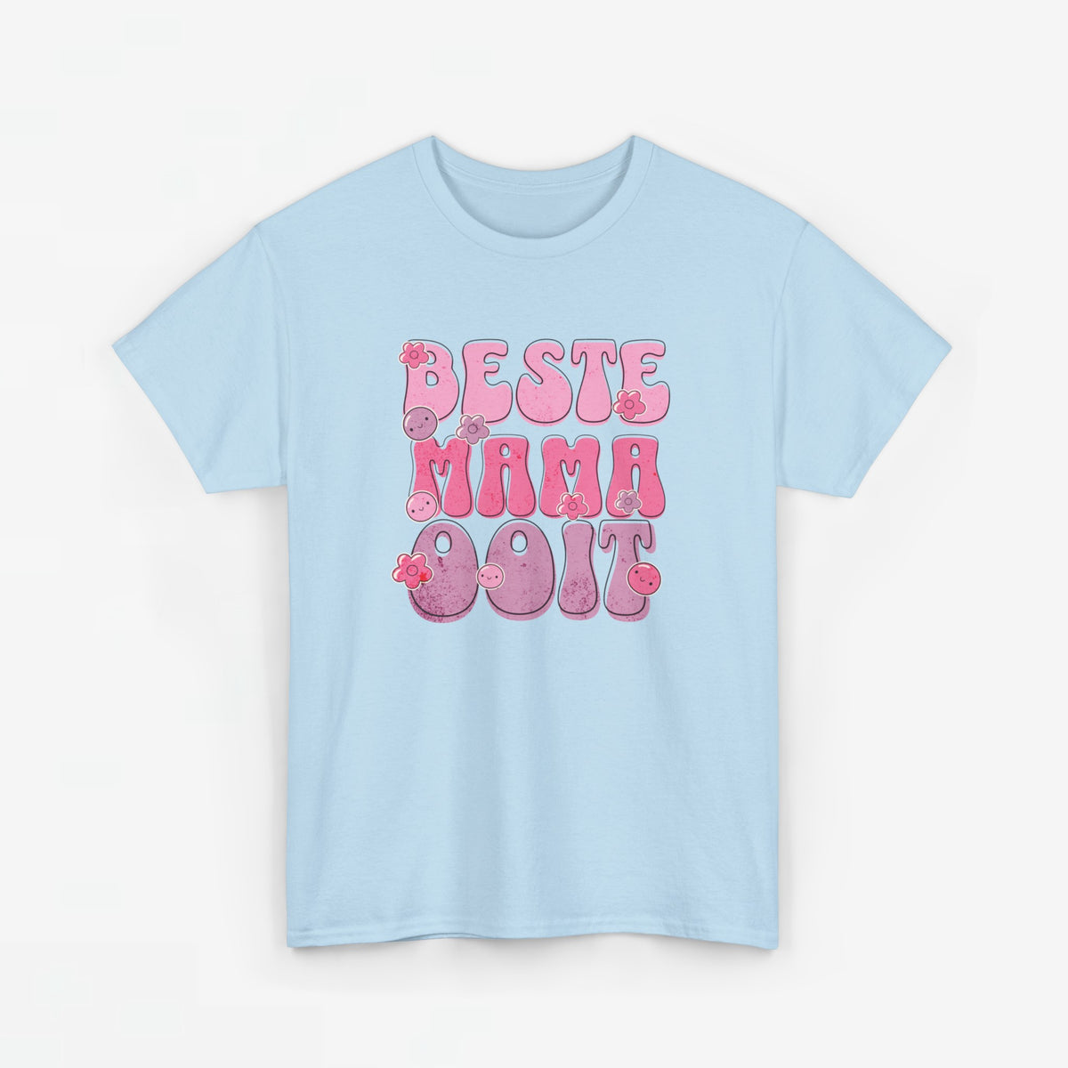 Lichtblauw T-shirt met ronde hals en roze opdruk "BESTE MAMA Ooit" op de borst