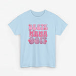 Lichtblauw T-shirt met ronde hals en roze opdruk "BESTE MAMA Ooit" op de borst