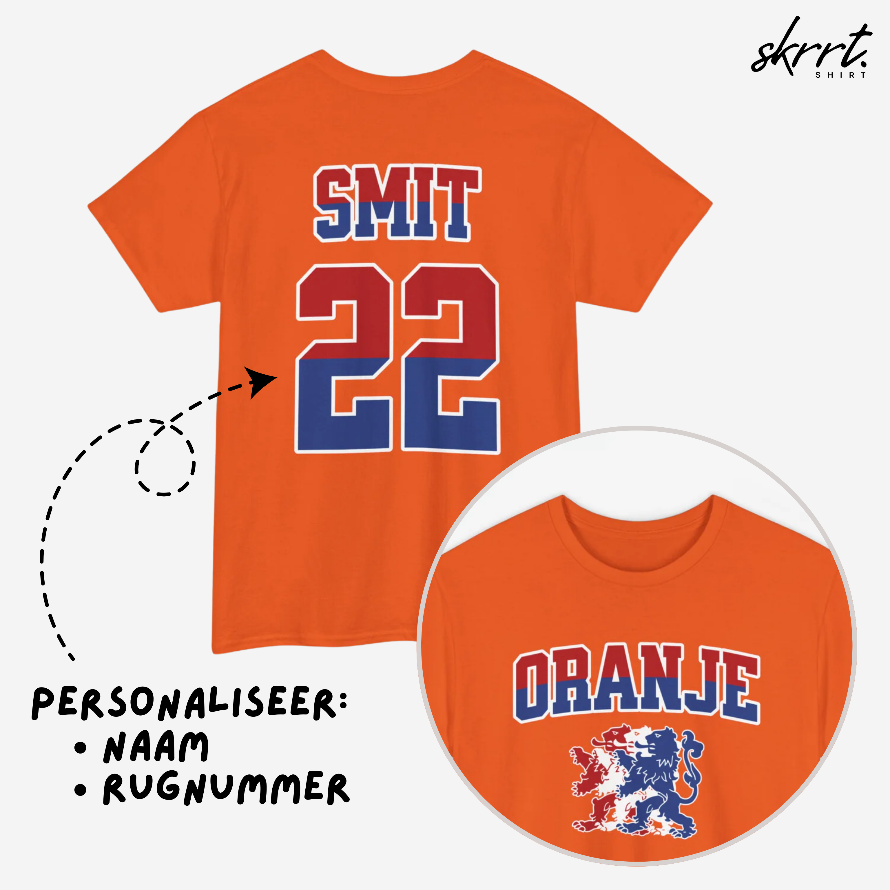 Oranje T-shirt voor EK, WK en Koningsdag - Personaliseer met Naam & Rugnummer - ORANJE met Leeuw (rode en blauwe tekst)