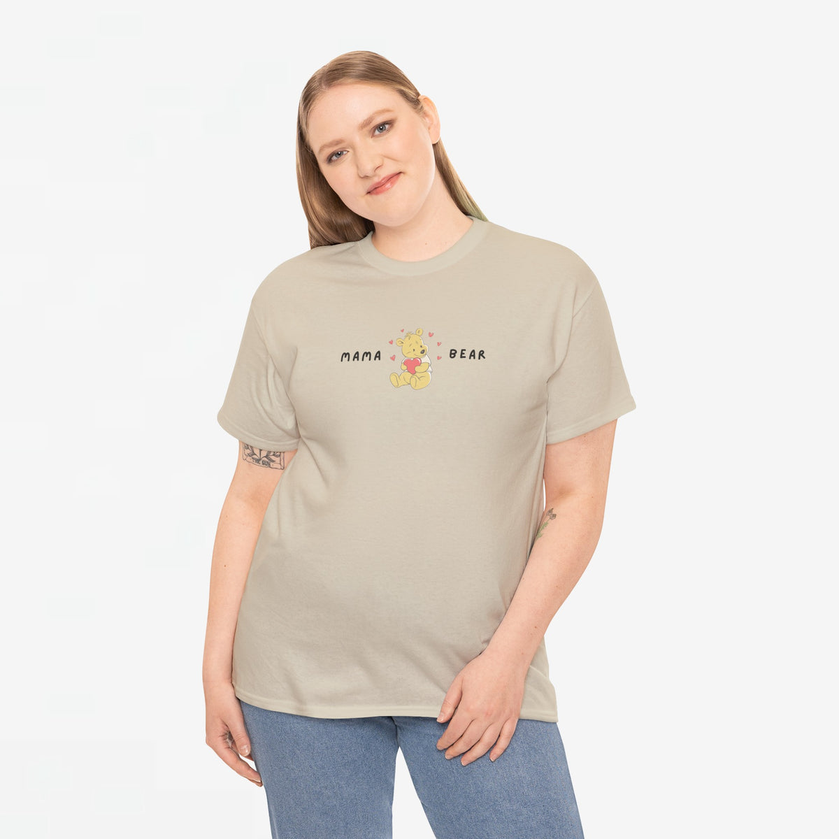Zandkleurige oversized T-shirt met Mama Bear-print en ronde hals
