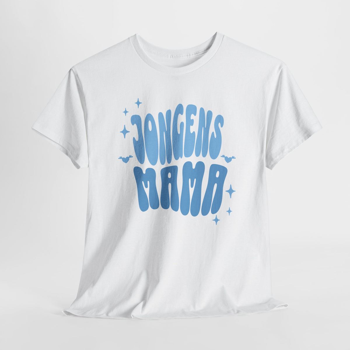 Witte T-shirt met blauw “JONGENS MAMA” print, ronde hals en korte mouwen
