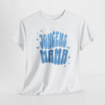 Witte T-shirt met blauw “JONGENS MAMA” print, ronde hals en korte mouwen