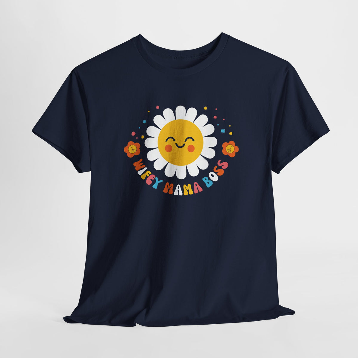 Oversized T-shirt navy met grote smiley zonprint en bloemenkrans "Wifey Mama Boss"