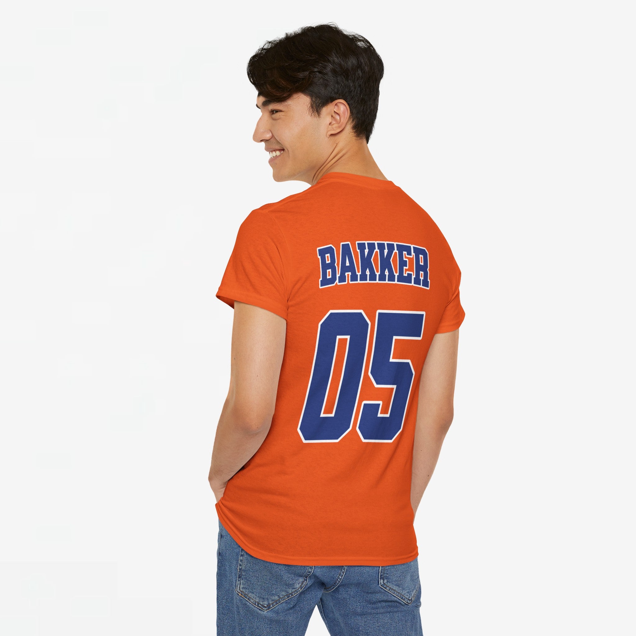 Oranje T-shirt voor EK, WK en Koningsdag - Personaliseer met Naam & Rugnummer - NEDERLAND met Leeuw (blauwe tekst)