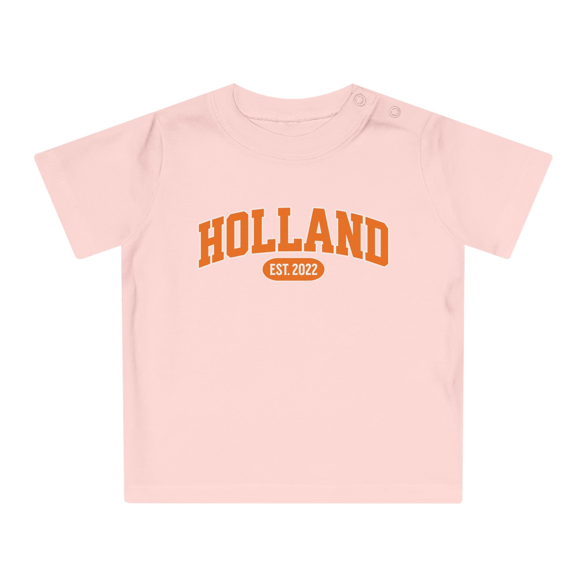 Baby T-shirt voor EK, WK en Koningsdag - Personaliseer met EST Jaar  - HOLLAND (Voorkant)