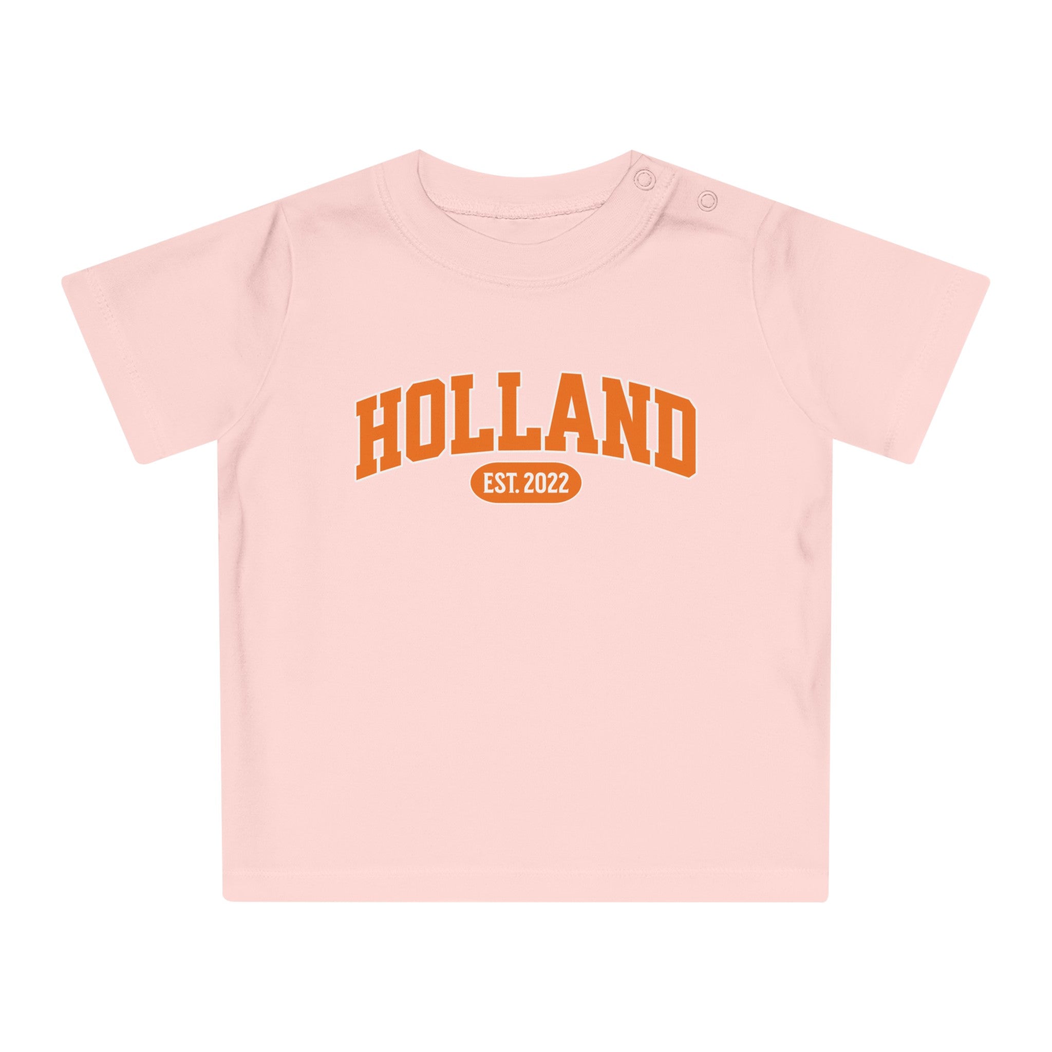 Baby T-shirt voor EK, WK en Koningsdag - Personaliseer met EST Jaar  - HOLLAND (Voorkant)