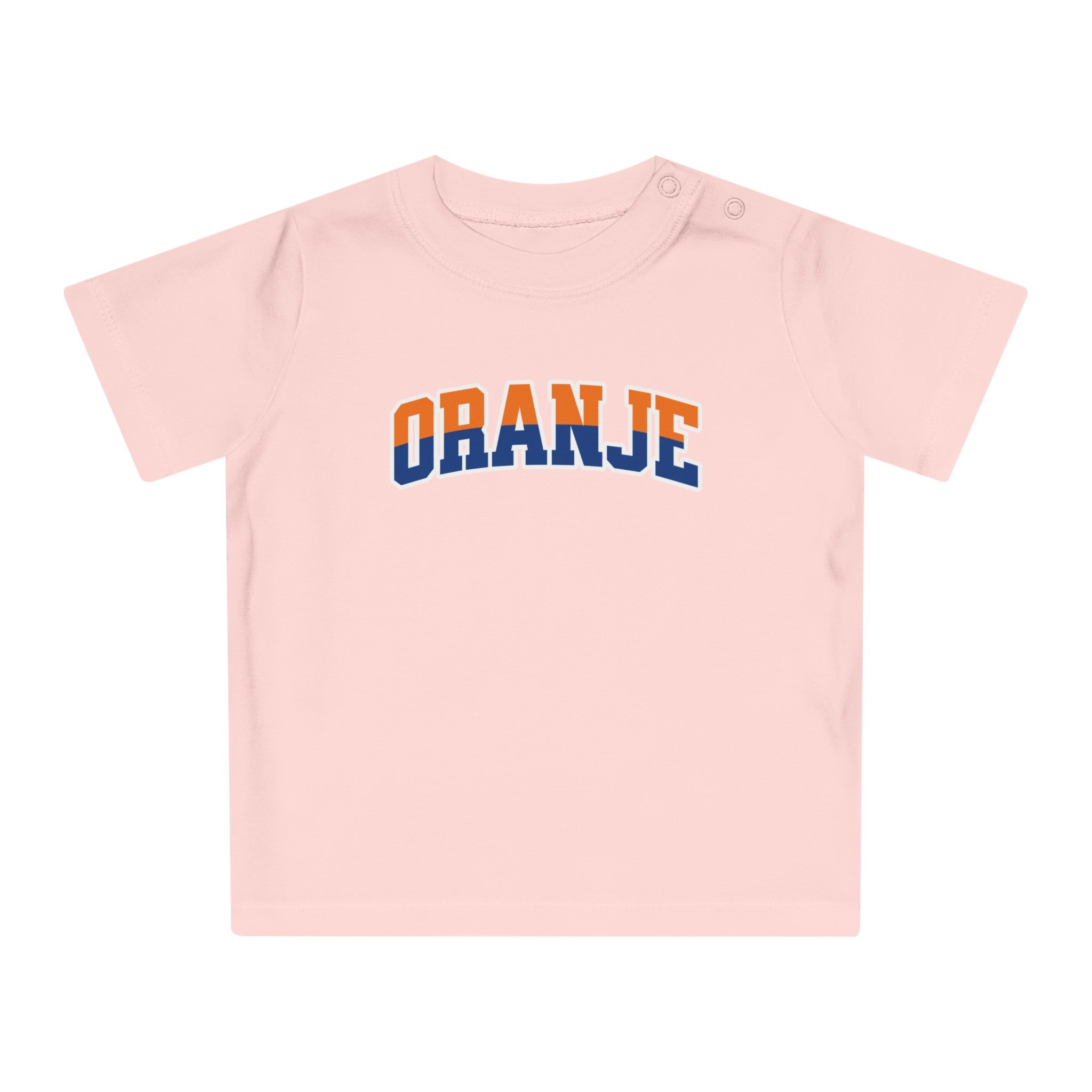 Baby T-shirt voor EK, WK en Koningsdag - ORANJE - oranje en blauwe tekst