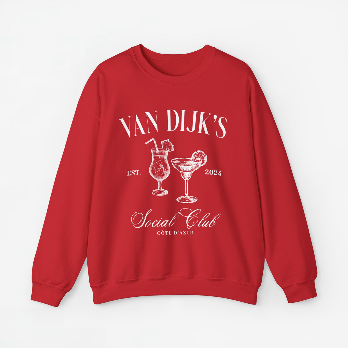 Rode sweater met ronde hals en bedrukking met glazen en 'Social Club'.