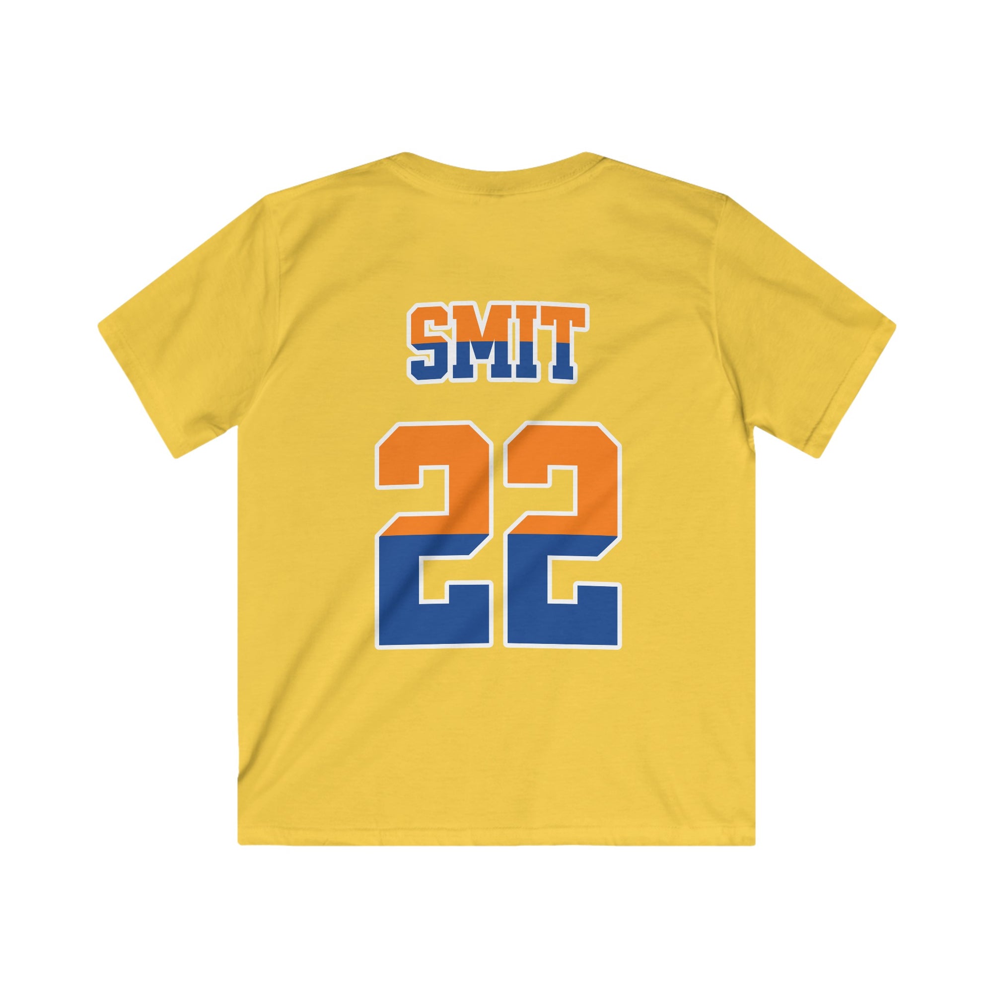 Kind Voetbal T-shirt - EK, WK en Koningsdag Kinderkleding - Personaliseer met Naam, Jaar & Rugnummer - ORANJE  (oranje en blauwe tekst)